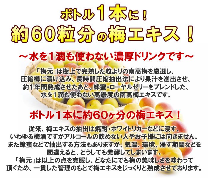 梅元ドリンクとは!ボトル1本に約60ヶ分の梅エキス!~梅元ドリンクは水を1滴も使わない濃厚ドリンクです~
