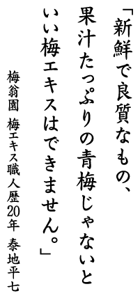 「新鮮で良質なもの、果汁たっぷりの青梅じゃないといい梅エキスはできません。」梅翁園 梅エキス職人歴20年 泰地平七