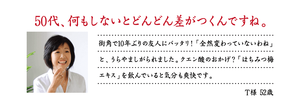 50代、何もしないとどんどん差がつくんですね。街角で10年ぶりの友人にバッタリ！「全然変わっていないわね」と、うらやましがられました。クエン酸のおかげ？「はちみつ梅エキス」を飲んでいると気分も爽快です。T様 52歳