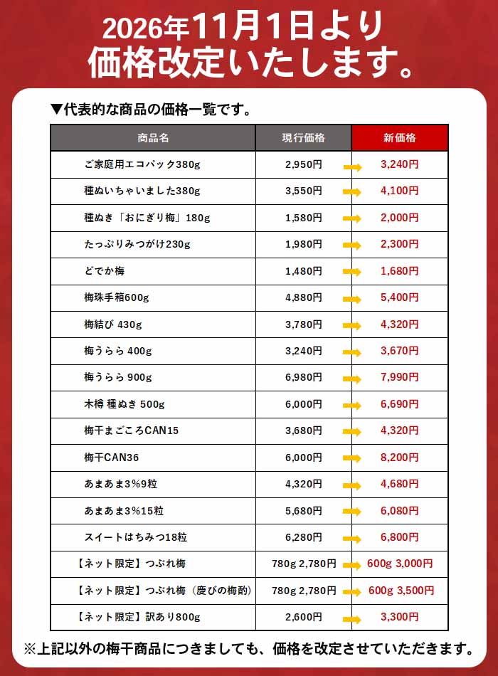 価格改定のご案内
