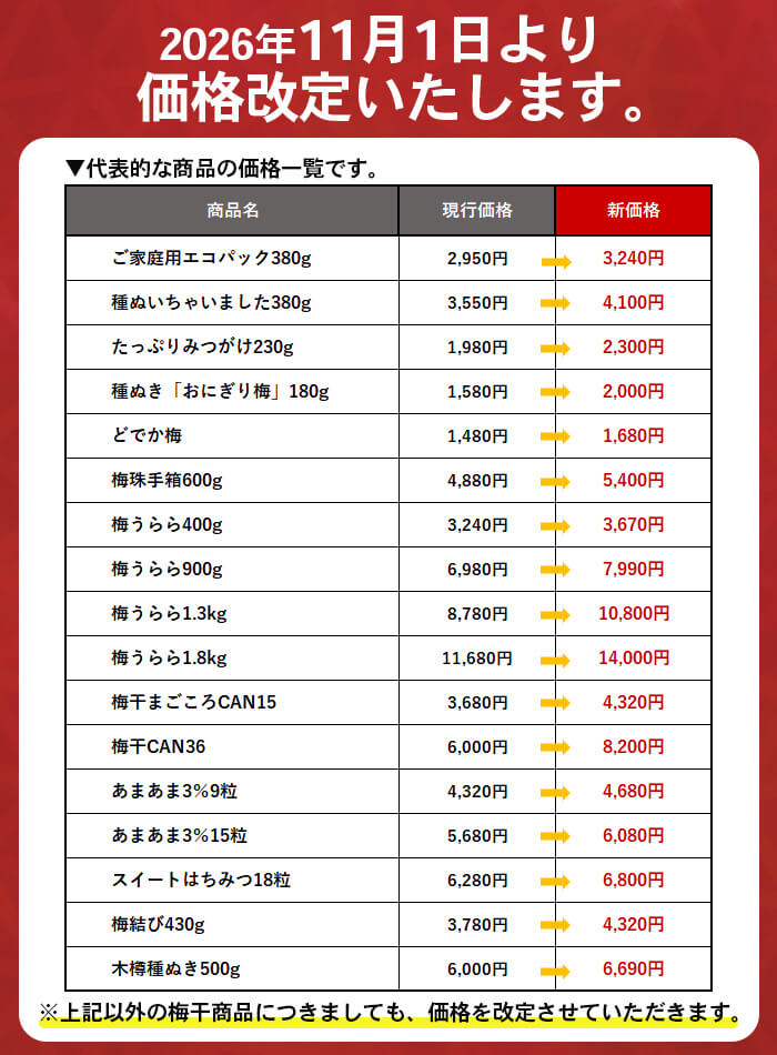 価格改定のご案内